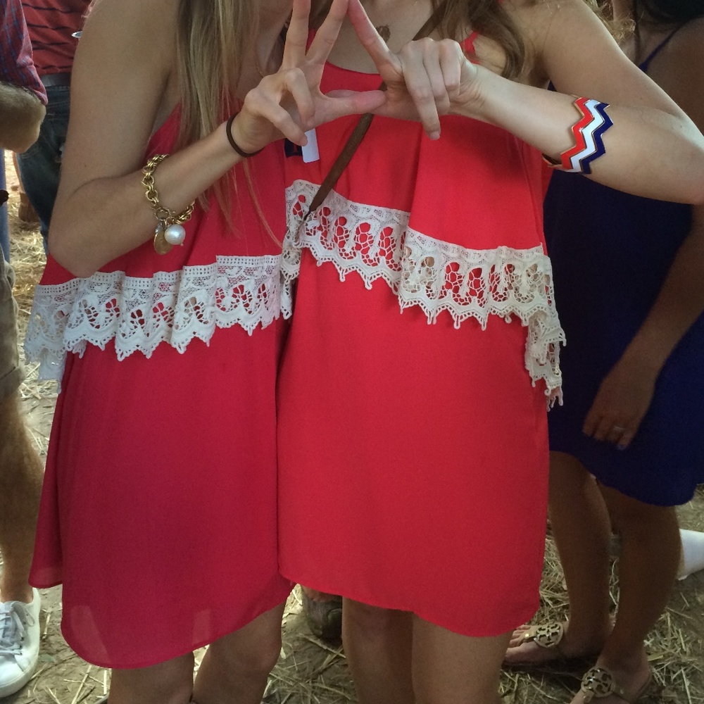 Red spaghetti strap dress with crochet trim